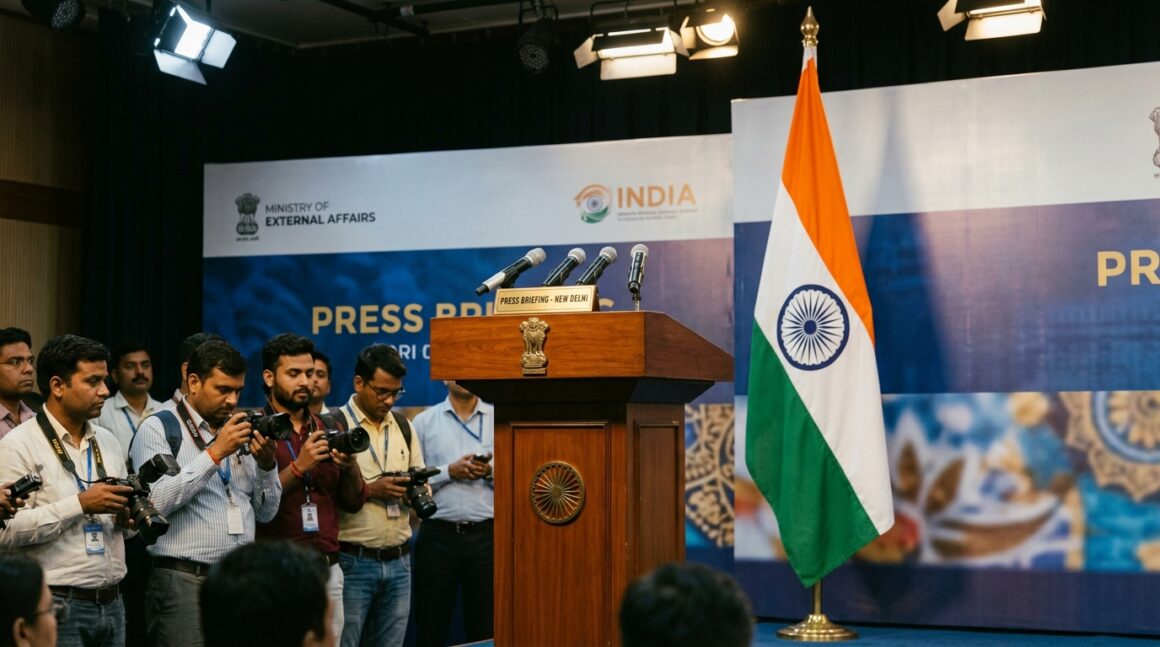 Ministry of External Affairs official press conference podium New Delhi foreign policy statement