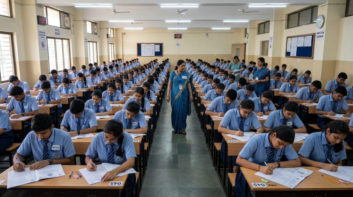 CBSE Class 10 12 Board Exam 2026 Examination Hall Organized CBSE board examination hall with high school students writing their papers