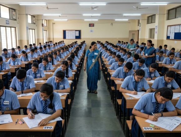 CBSE Class 10 12 Board Exam 2026 Examination Hall Organized CBSE board examination hall with high school students writing their papers