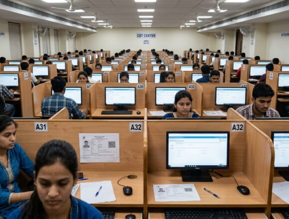 IBPS PO Clerk 2026 Mains Computer Based Examination Center Modern online banking examination hall with candidates taking IBPS PO CBT test