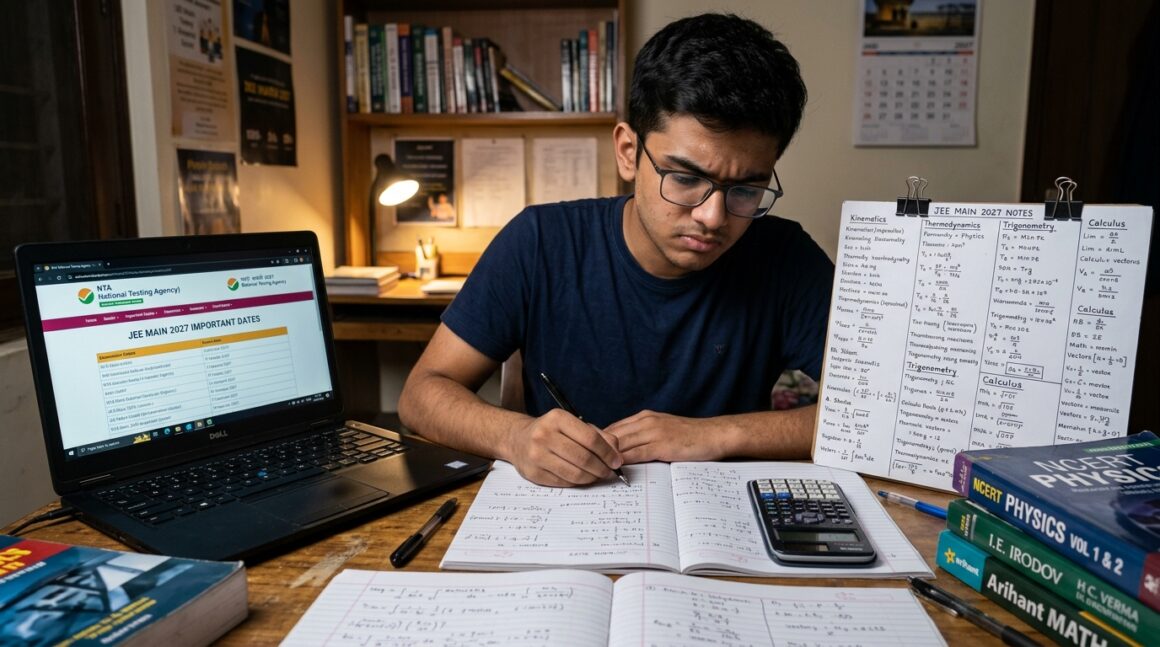 JEE Main 2027 Session 1 Exam Dates NTA Calendar Study Desk Engineering student studying advanced physics and mathematics for JEE Main 2027