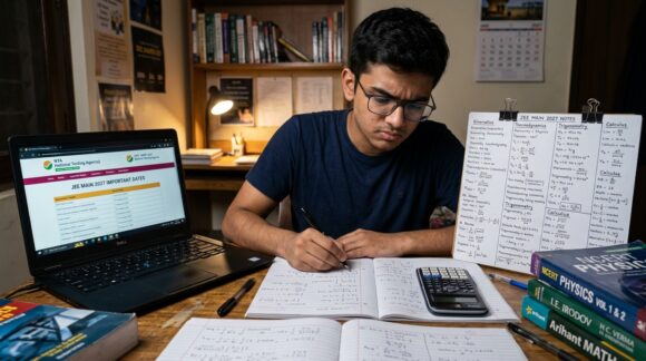 Engineering student studying advanced physics and mathematics for JEE Main 2027