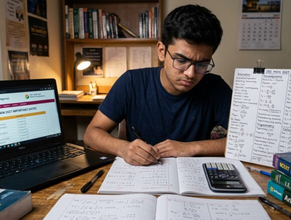 JEE Main 2027 Session 1 Exam Dates NTA Calendar Study Desk Engineering student studying advanced physics and mathematics for JEE Main 2027