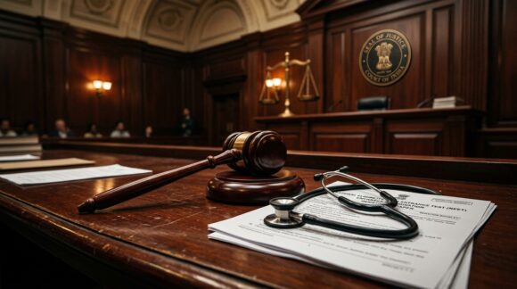 Courtroom gavel, medical stethoscope, and examination documents representing NEET hearing