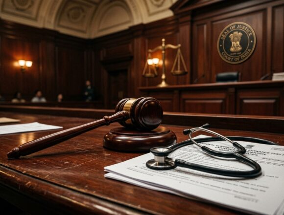 NEET UG Supreme Court Hearing CBI Chargesheet Medical Stethoscope Courtroom gavel, medical stethoscope, and examination documents representing NEET hearing