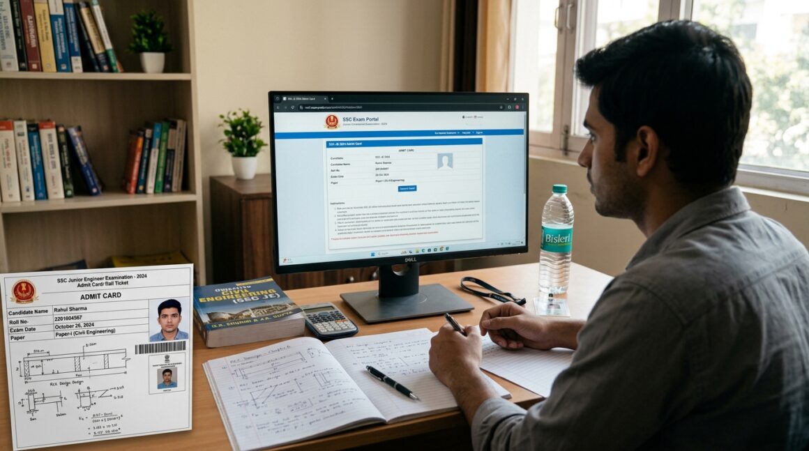 SSC Junior Engineer exam desk with admit card blueprint and online portal screen 2026