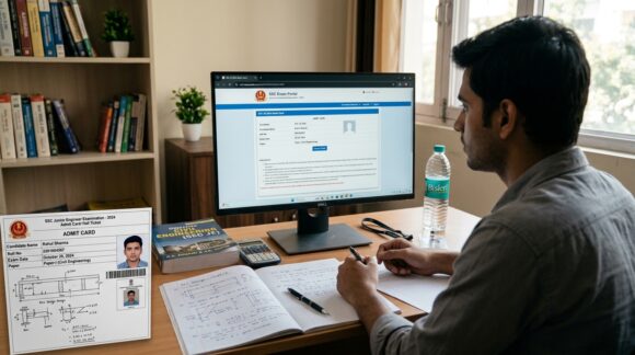 SSC Junior Engineer exam desk with admit card blueprint and online portal screen 2026
