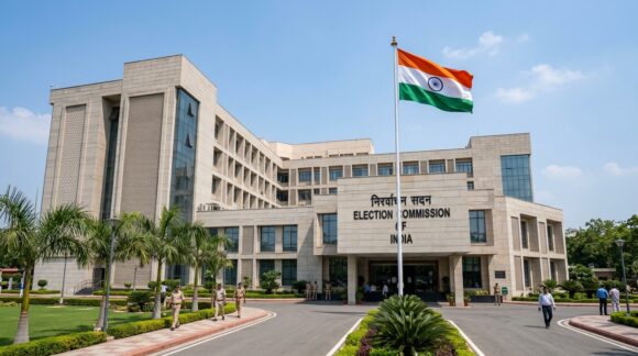 Election Commission of India Nirvachan Sadan headquarters in New Delhi with national flag