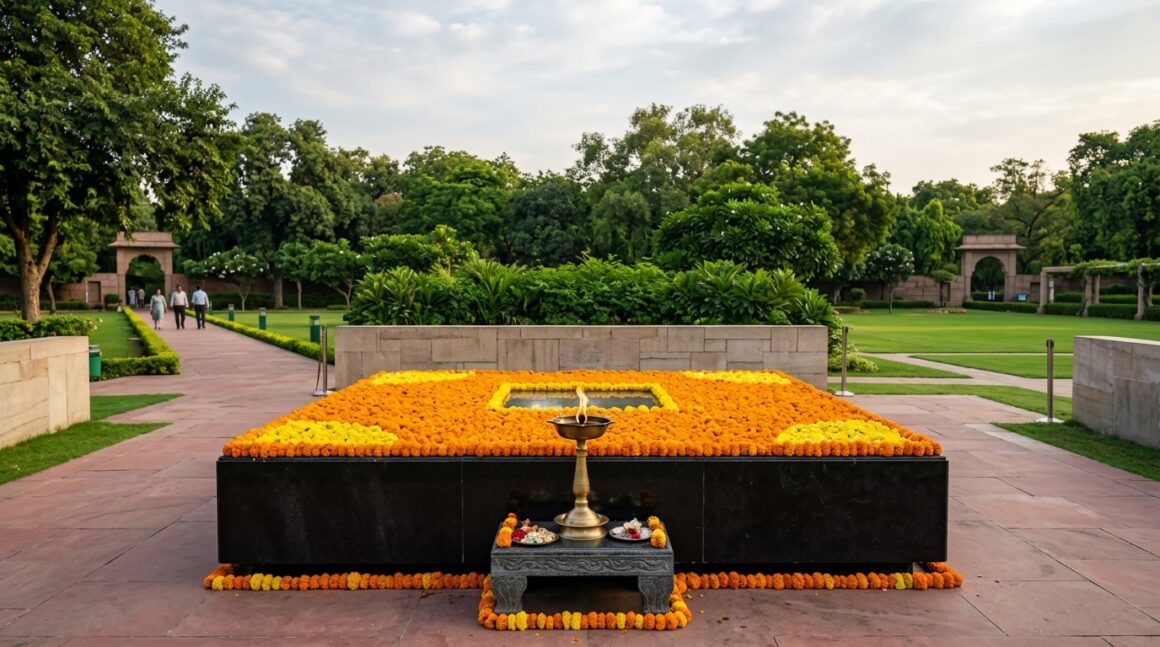 Gandhi Jayanti 2026 Rajghat Floral Tributes New Delhi Rajghat Mahatma Gandhi memorial black marble platform covered with marigold flowers in New Delhi
