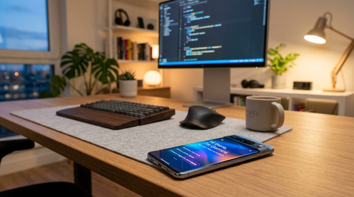 Google Pixel flagship smartphone on desk displaying Gemini AI interface with laptop