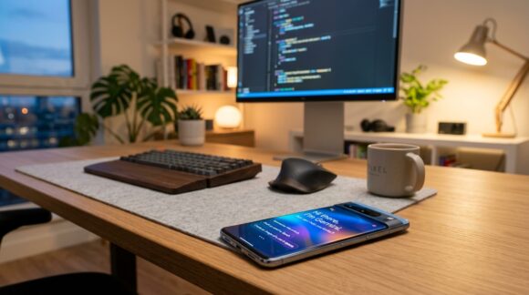 Google Pixel flagship smartphone on desk displaying Gemini AI interface with laptop