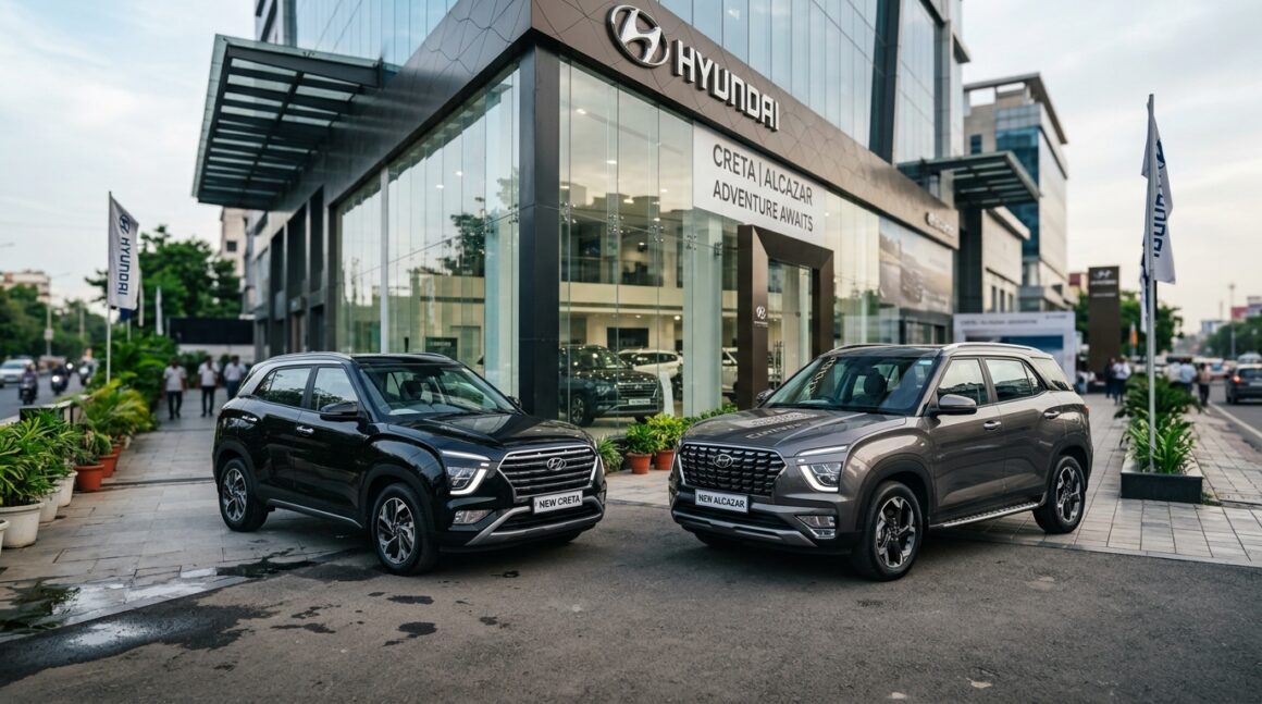 Hyundai India Highest Ever Monthly Sales September 2026 New Hyundai Creta and Alcazar premium SUVs parked outside modern dealership in India