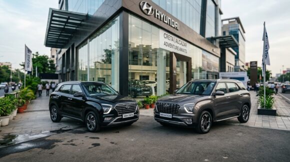 New Hyundai Creta and Alcazar premium SUVs parked outside modern dealership in India