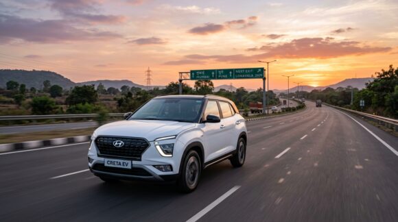 Hyundai Creta EV electric SUV in pearl white cruising along modern Indian expressway at sunset