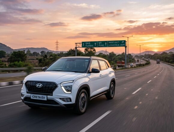 Hyundai Creta EV Electric SUV Indian Highway Sunset Launch Hyundai Creta EV electric SUV in pearl white cruising along modern Indian expressway at sunset