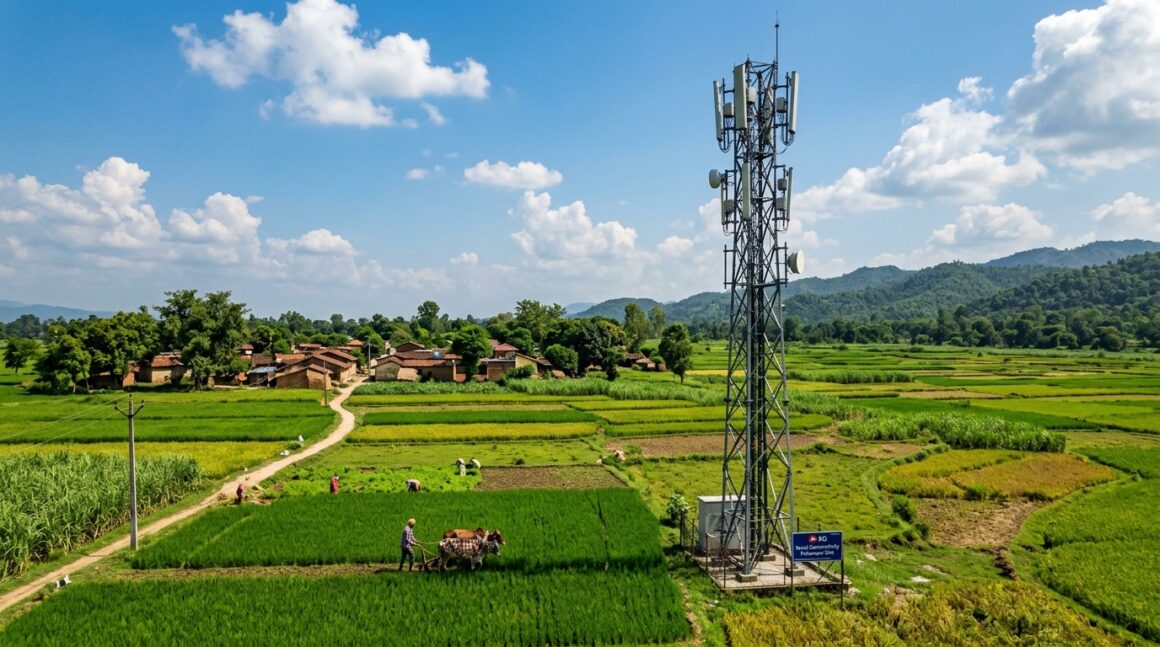 Modern 5G telecom mobile cell tower standing tall in rural Indian farmland under blue sky
