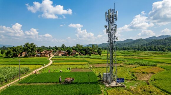 Modern 5G telecom mobile cell tower standing tall in rural Indian farmland under blue sky