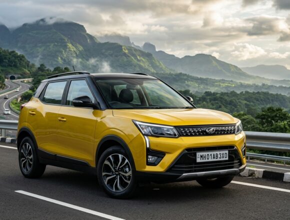 Mahindra XUV 3XO Mountain Expressway India Launch Mahindra XUV 3XO compact SUV in dual-tone yellow and black standing on scenic mountain expressway
