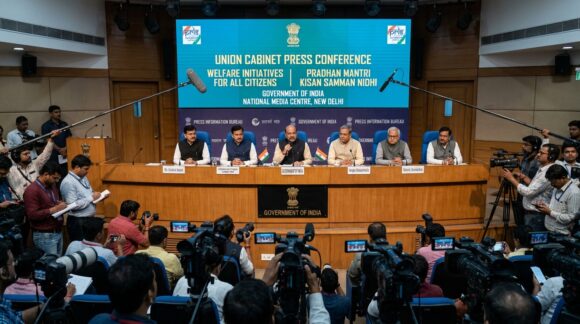 Union Cabinet ministers briefing press at National Media Centre on social assistance scheme
