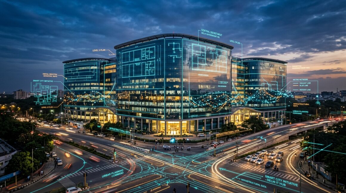 Delhi Government Secretariat building at ITO with digital high-tech IT hub blueprint overlay