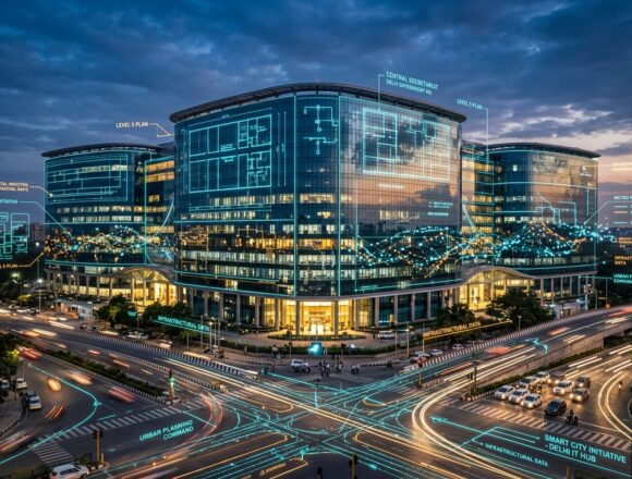 Delhi Secretariat Industrial Policy 2026 High Tech IT Hub Blueprint Delhi Government Secretariat building at ITO with digital high-tech IT hub blueprint overlay