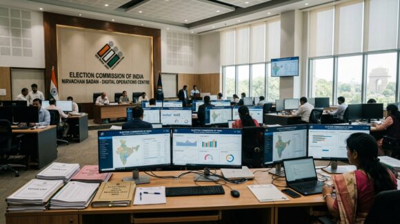 Election Commission of India Nirvachan Sadan digital operations center with voter analytics