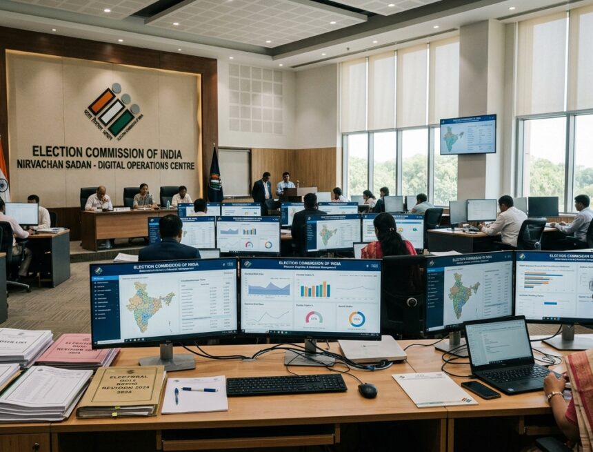 Election Commission Nirvachan Sadan Digital Electoral Roll Database Election Commission of India Nirvachan Sadan digital operations center with voter analytics