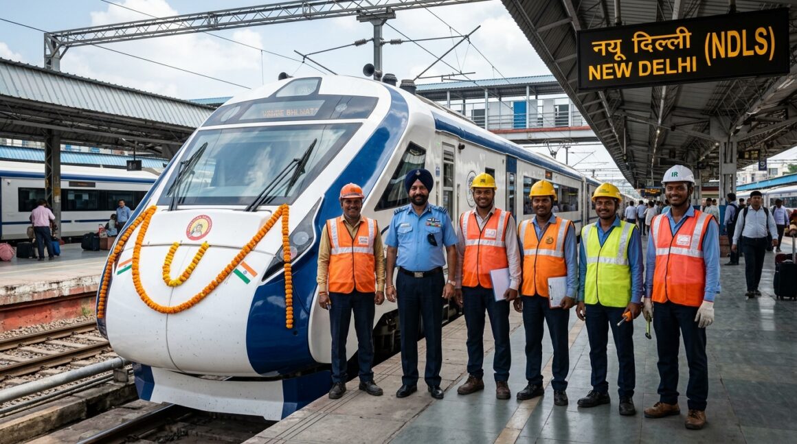 Indian Railways loco pilot and maintenance crew standing beside Vande Bharat locomotive