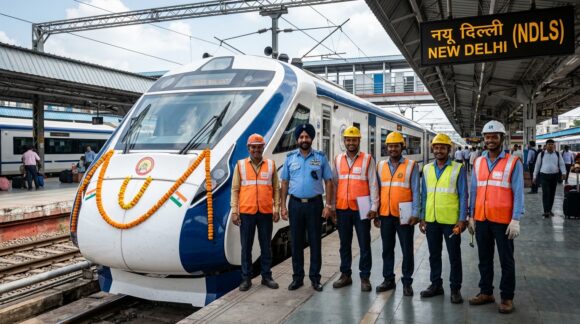 Indian Railways loco pilot and maintenance crew standing beside Vande Bharat locomotive
