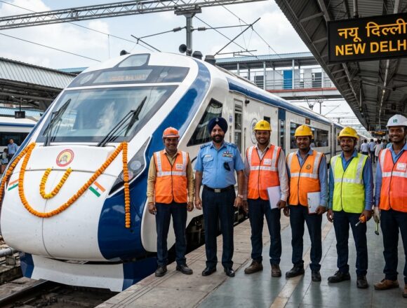 Indian Railways 78 Day Bonus Vande Bharat Loco Pilot Crew Indian Railways loco pilot and maintenance crew standing beside Vande Bharat locomotive
