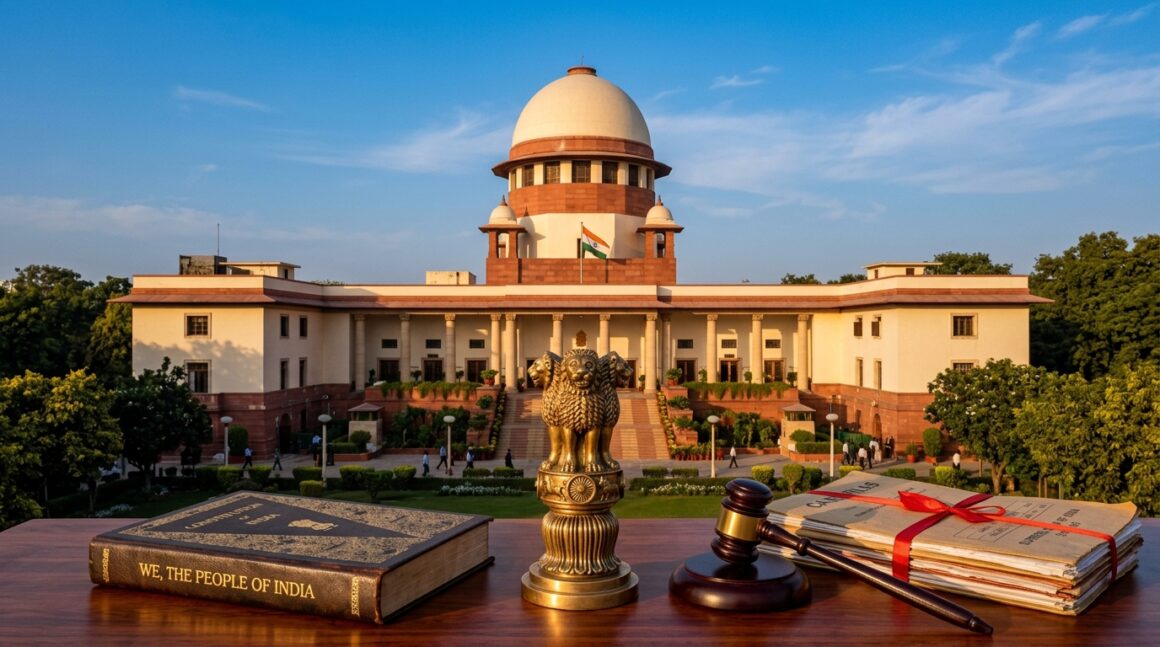 Supreme Court of India facade with Constitution of India book and judicial gavel