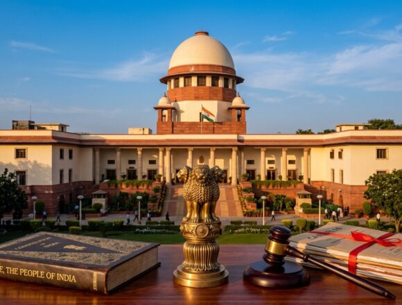 Supreme Court of India Constitution Book Gavel Plea Hearing Supreme Court of India facade with Constitution of India book and judicial gavel