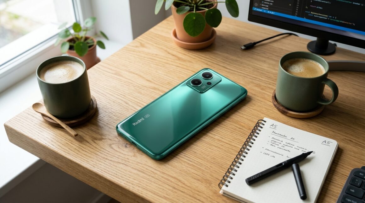 Redmi 17C 5G Emerald Green Smartphone Modern Workspace Desk Review