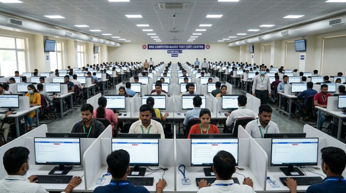 RRB Technician 2026 Exam City Slip CBT Guidelines Indian Railway Recruitment Board RRB Technician CBT examination hall with candidates taking test