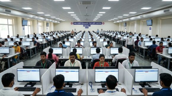 Indian Railway Recruitment Board RRB Technician CBT examination hall with candidates taking test
