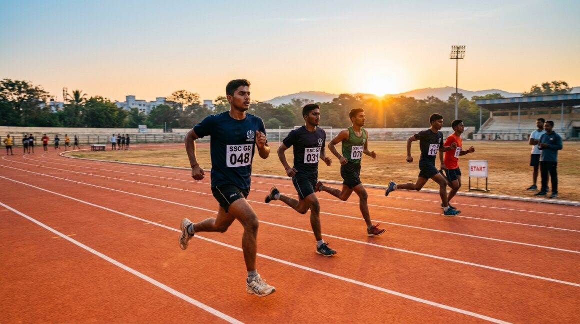 Young Indian aspirants running on sports track preparing for SSC GD Constable physical efficiency test