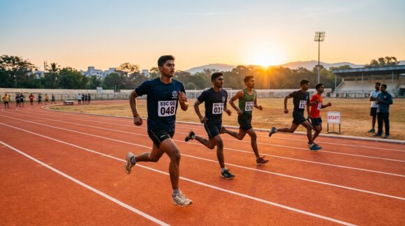 Young Indian aspirants running on sports track preparing for SSC GD Constable physical efficiency test