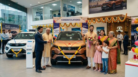 Tata Motors modern showroom festive delivery of Tata Curvv and Nexon EV with Indian family