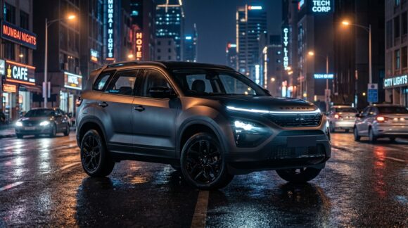 Tata Safari Stealth Edition 2026 in matte dark carbon finish with blacked-out alloy wheels at night