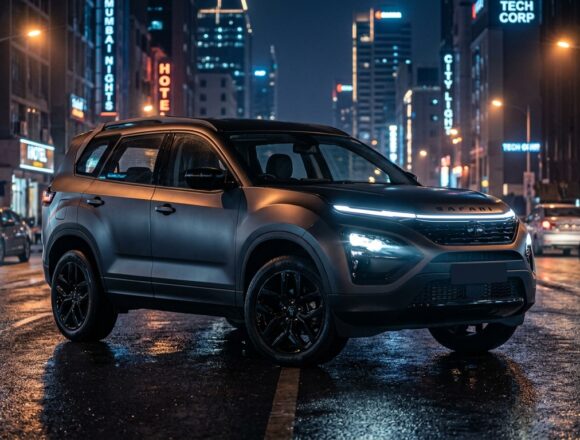 Tata Safari Stealth Edition 2026 Matte Carbon Finish Night City Tata Safari Stealth Edition 2026 in matte dark carbon finish with blacked-out alloy wheels at night