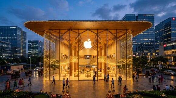 Apple Store BKC Mumbai decorated with warm golden Diwali festival illumination and glowing Apple logo