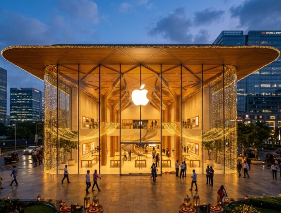 Apple Store BKC Mumbai Festive Diwali Lighting Celebration 2026 Apple Store BKC Mumbai decorated with warm golden Diwali festival illumination and glowing Apple logo