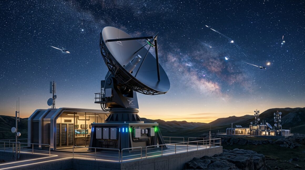 Advanced satellite internet communication receiver dish under starry sky with low earth orbit satellites