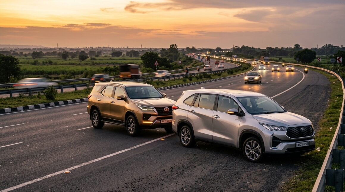 Toyota Sales September 2026 Innova Hycross Fortuner Festive Offers Toyota Innova Hycross and Fortuner SUVs driving on highway at golden hour