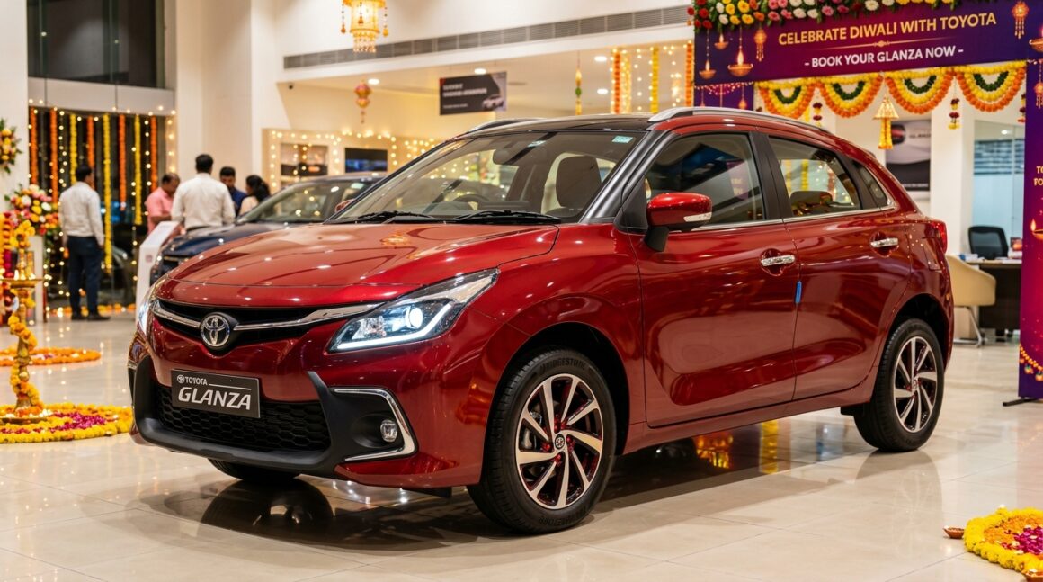 Toyota Glanza Facelift 2026 Metallic Red Hatchback Diwali Festive Showroom