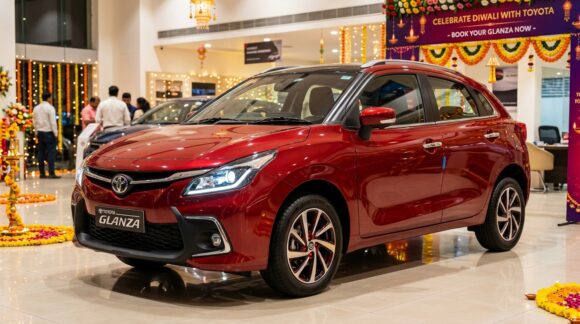 Toyota Glanza Facelift 2026 Metallic Red Hatchback Diwali Festive Showroom