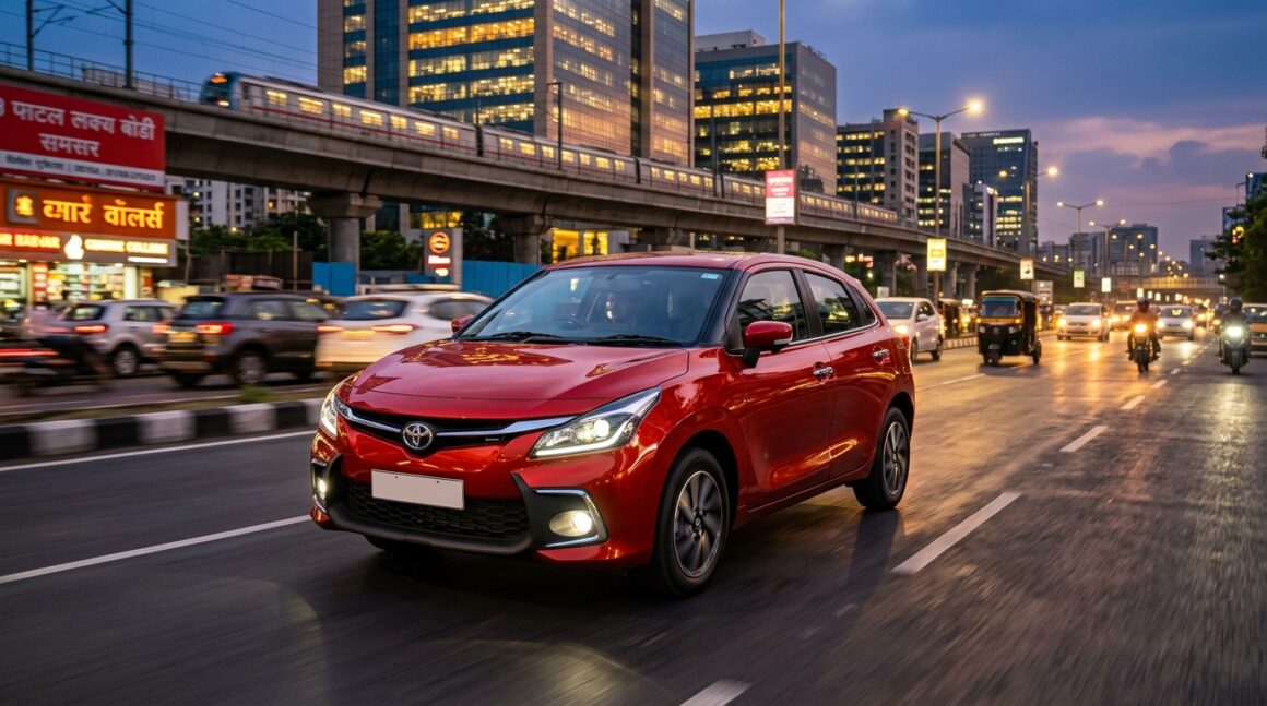 Toyota Glanza Facelift 2026 metallic fiery red premium hatchback on Indian city road
