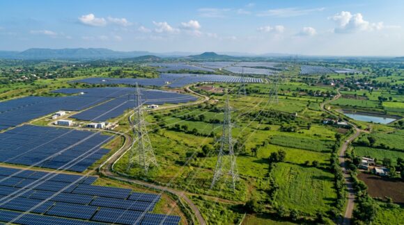 India green energy renewable solar farm and high-voltage transmission lines under Cabinet infrastructure initiative